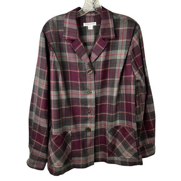 Pendleton Plaid Button Front Shirt Jacket Womens Size L Purple Grey special wool - Picture 1 of 12